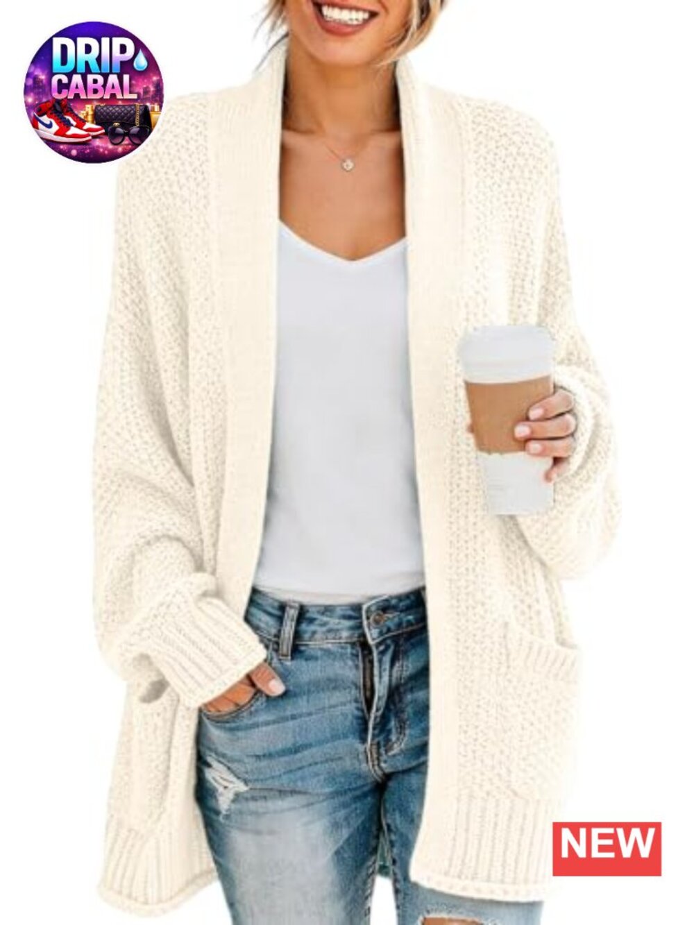 Women's Open Front Chunky Knit Cardigan with Pockets Loose Fit Sweater Coat
